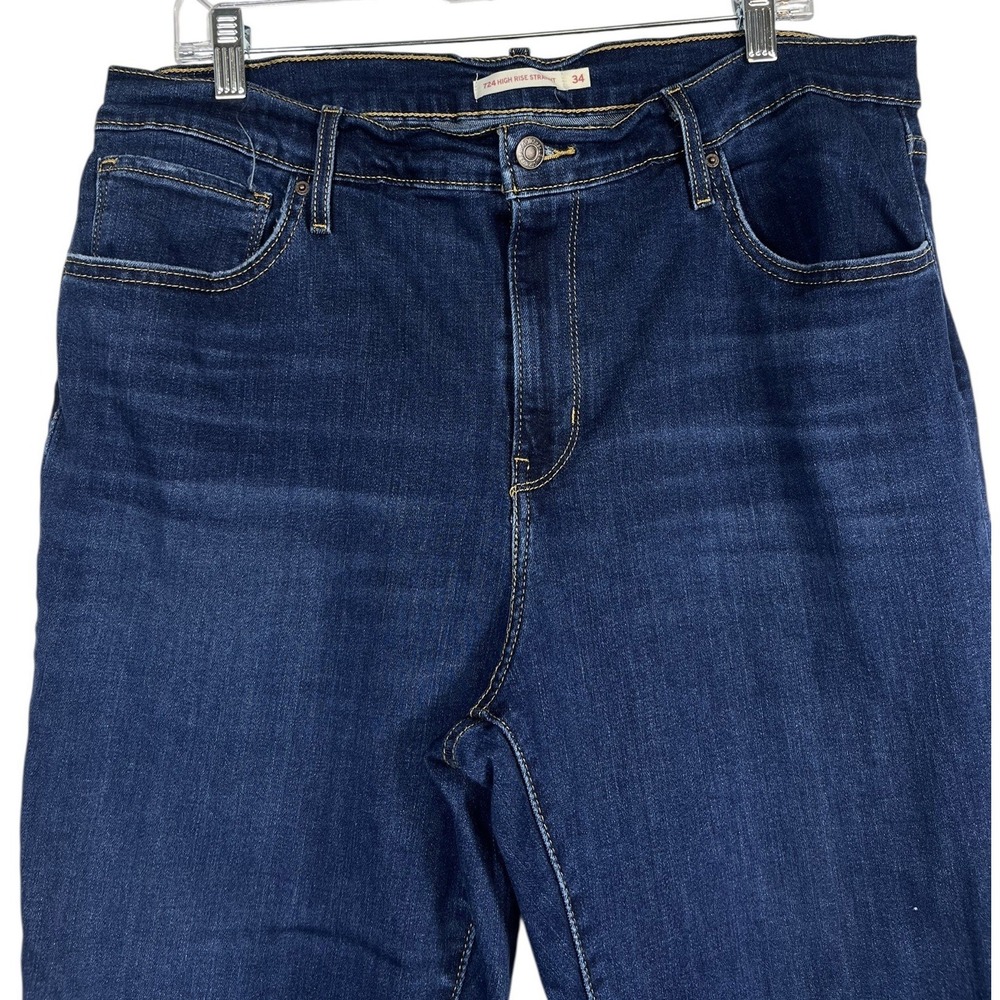 Levi's Sz 34 Women's‎ 724 High Rise Straight Jeans Frayed Raw Hem Dk Blue Wash - Picture 2 of 13